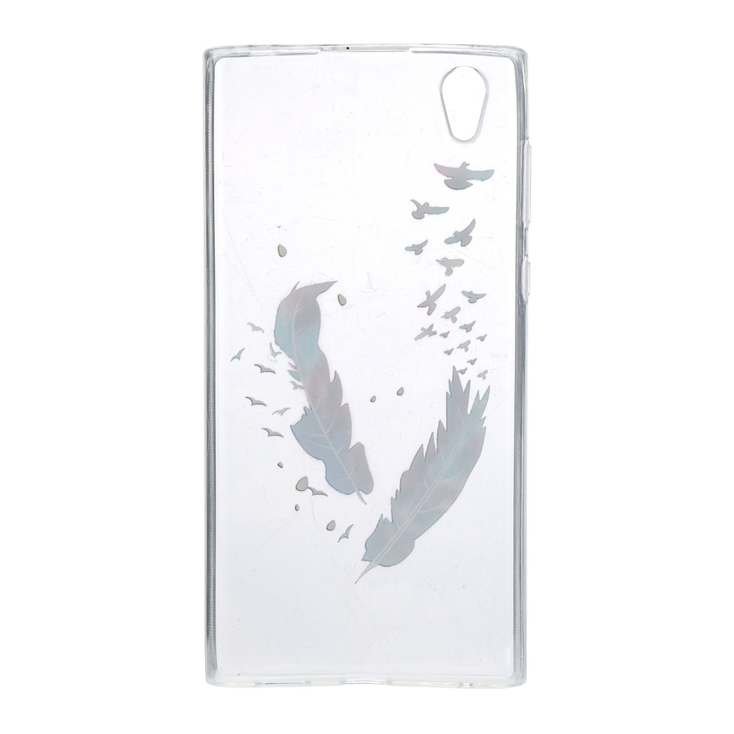 Transparente Handyhülle mit Federn und Vögeln. Weißer Hintergrund.