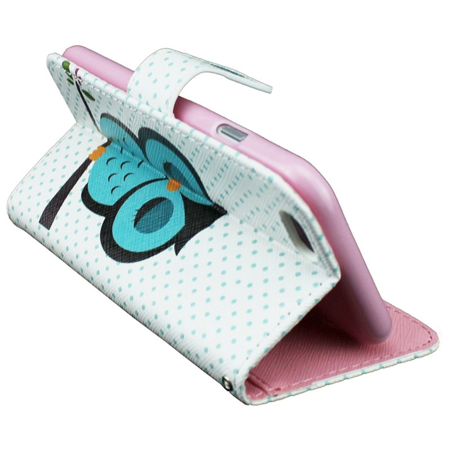 Handyhülle mit Schmetterlingsdesign, rosa Telefon innen, weiße Punkte, offen.