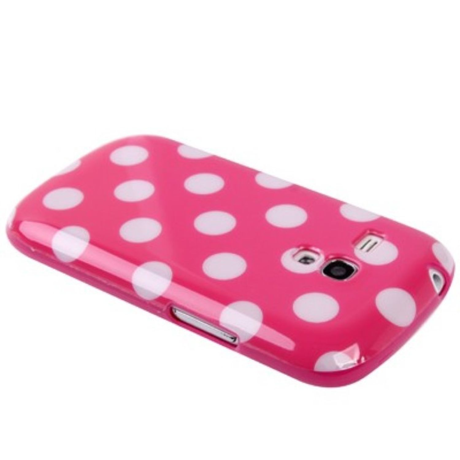 Rosa Handyhülle mit weißen Polka Dots. Die Hülle hat ein glänzendes Finish und ist abgewinkelt.