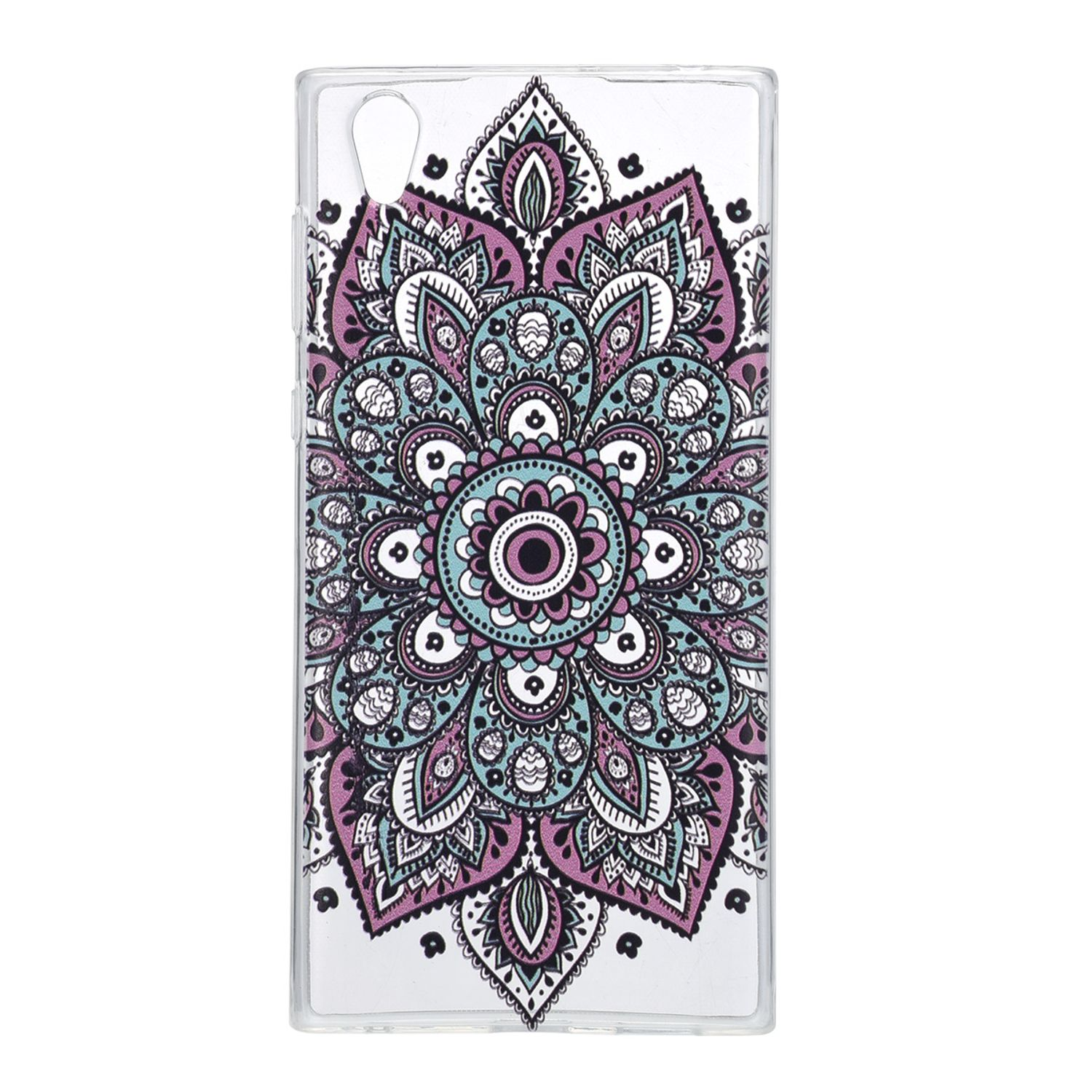 Transparente Handyhülle mit einem lila- und türkis-farbenen Mandala-Design.