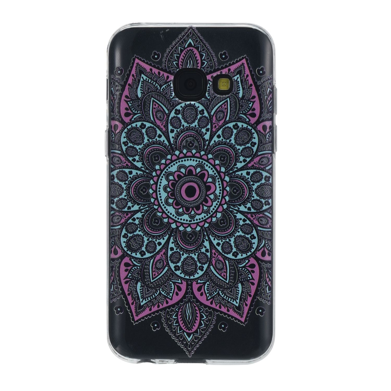 Eine Handyhülle mit detailliertem floralen Mandala-Design in Blau, Lila und Rosa auf schwarzem Hintergrund.