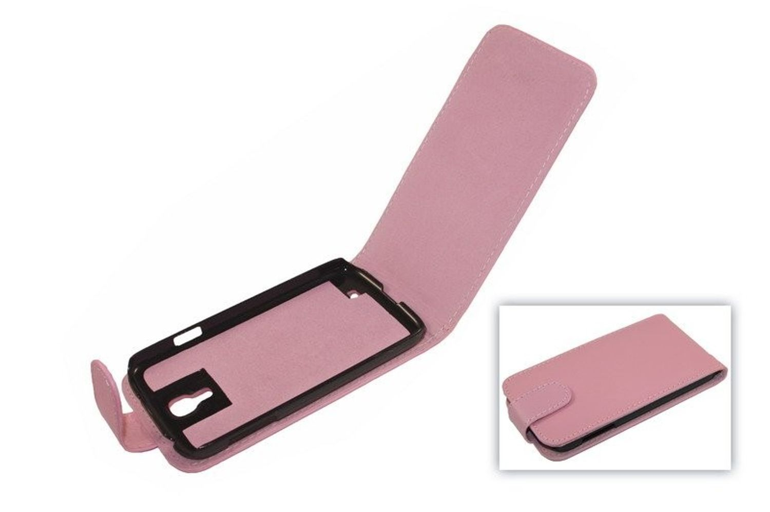 Eine rosa Klapphandyhülle, geöffnet, um einen schwarzen Telefonhalter zu zeigen.