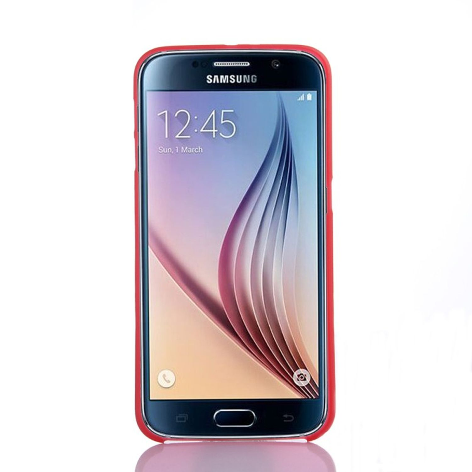 Ein Samsung-Telefon in einem roten Gehäuse. Der Bildschirm zeigt Zeit, Datum und ein abstraktes Design. Schwarzer Rand.