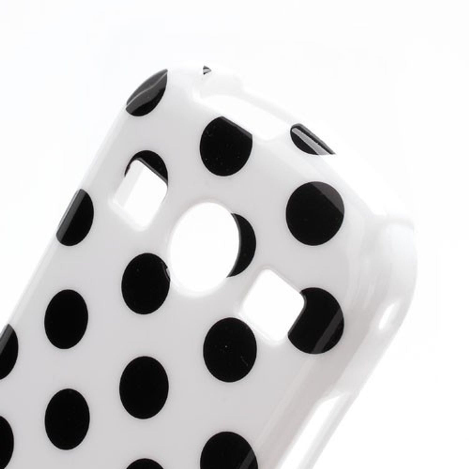 Weiße Handyhülle mit schwarzen Polka-Dots auf weißem Hintergrund.