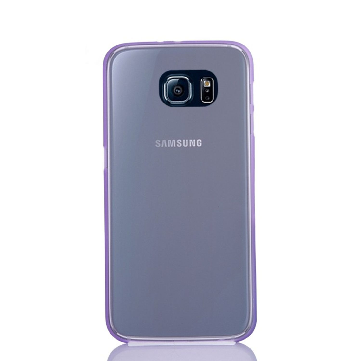 Ein Telefon in einer lila umrandeten Hülle mit dem Samsung-Logo.