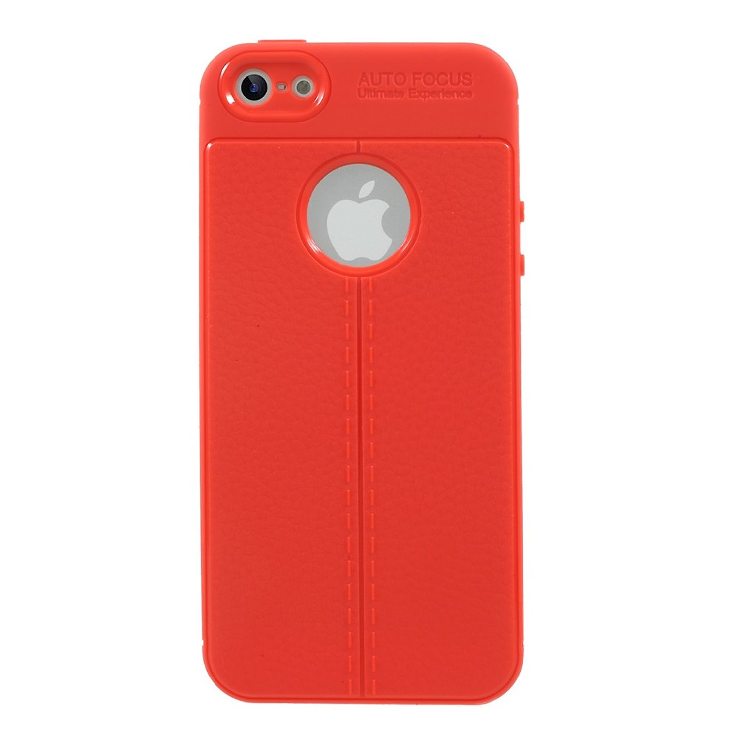 Rote Handyhülle mit Apple-Logo-Ausschnitt und strukturierter Oberfläche.