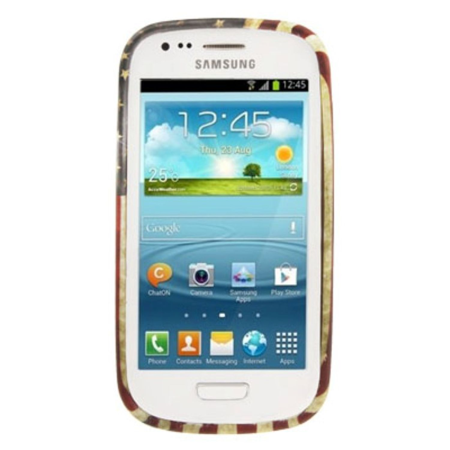Samsung-Telefon mit USA-Flaggen-Design-Hülle. Isoliert auf Weiß.