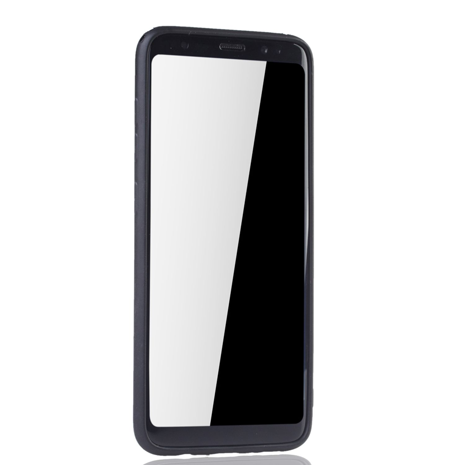 Ein schwarzes Telefon in einer schwarzen Hülle mit weißem Bildschirm. Der Bildschirm ist leer.