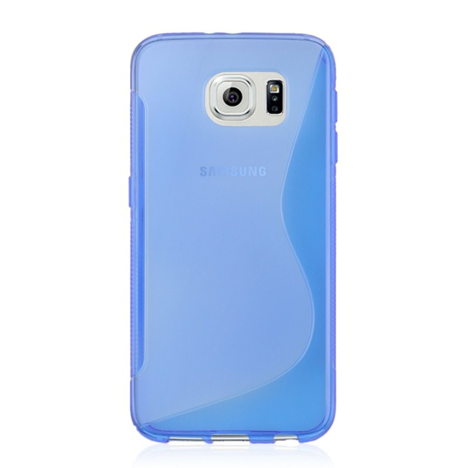 Blaue Handyhülle mit klarem Wellendesign. Das Telefon ist sichtbar.