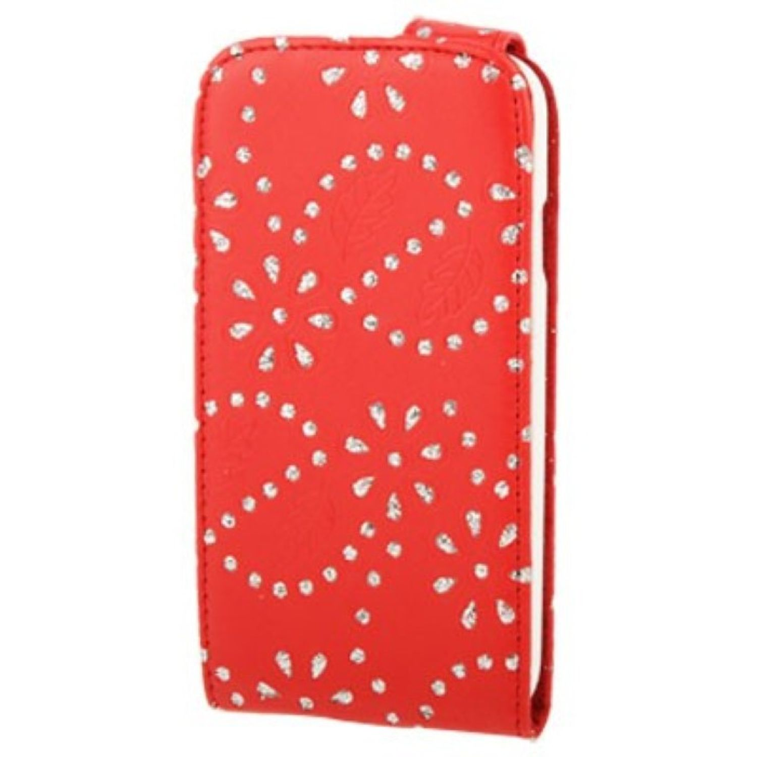 Rote Handyhülle mit weißem Blumendesign. Die Hülle ist geschlossen.