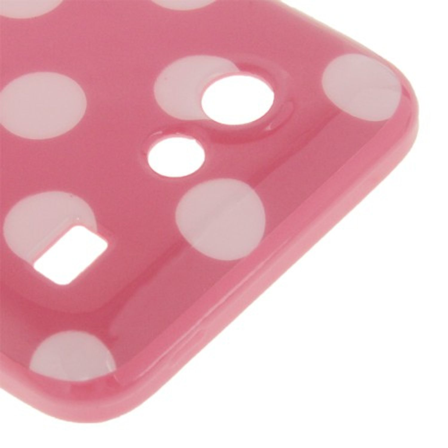 Ecke einer rosa Handyhülle mit weißen Punkten. Die Hülle hat Öffnungen für Kamera und Knöpfe.