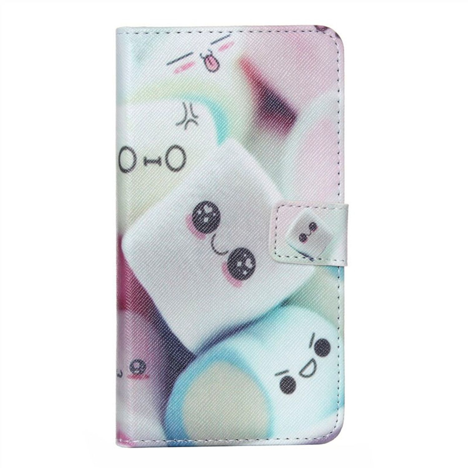 Handyhülle mit Marshmallows mit Gesichtern. Der Hintergrund ist unscharf.