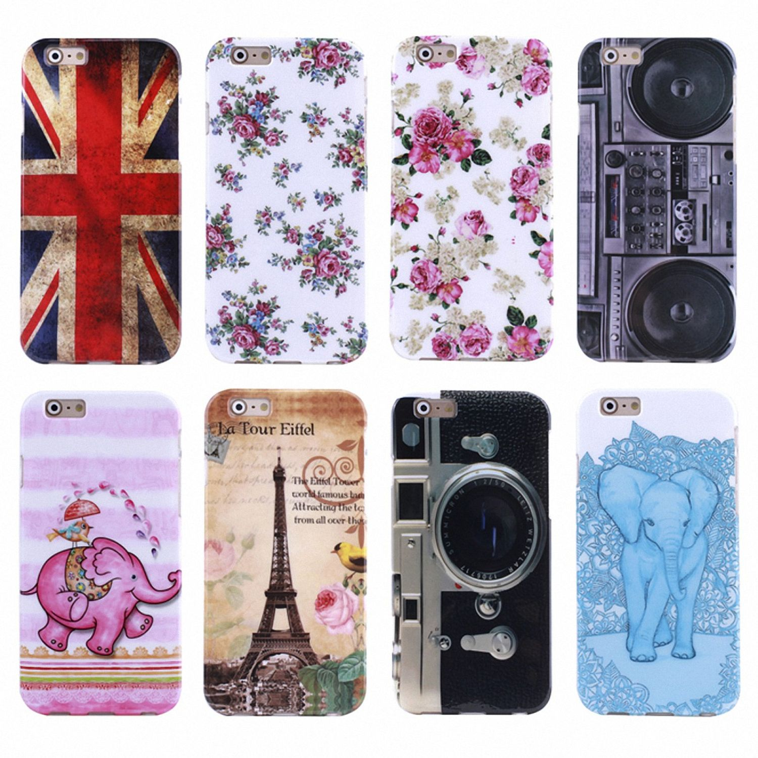 Acht Handyhüllen mit verschiedenen Designs. Enthält einen Union Jack, Blumen, eine Boombox und einen Elefanten.