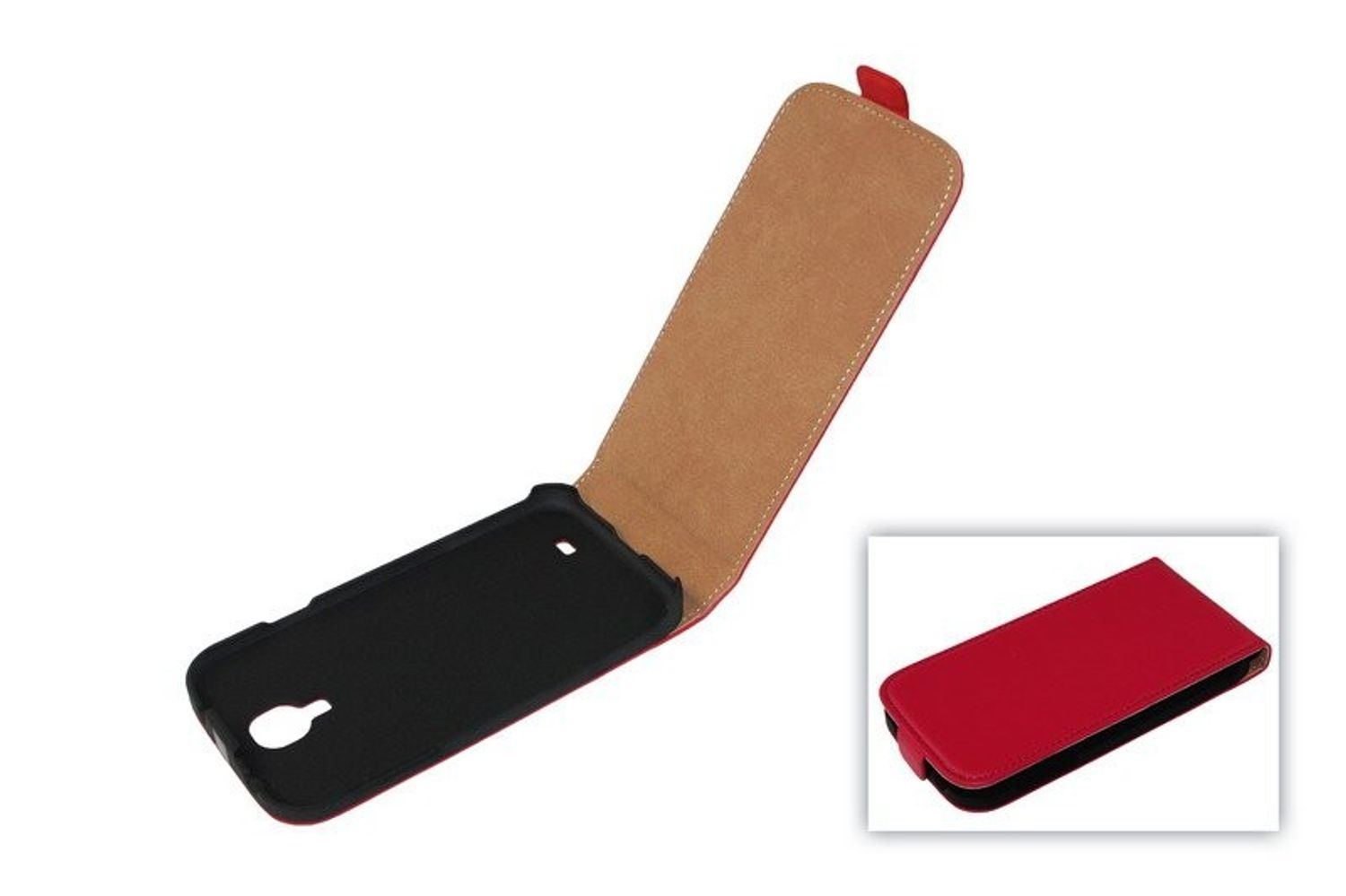 Rote Handyhülle, offen, mit schwarzem Innengehäuse. Ein kleineres Hüllenbild ist rechts unten.