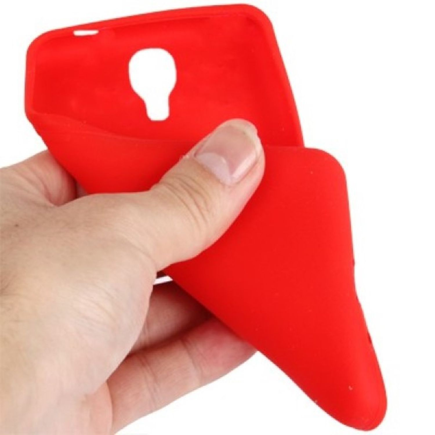 Eine Hand hält eine rote Handyhülle, geöffnet, auf weißem Hintergrund.
