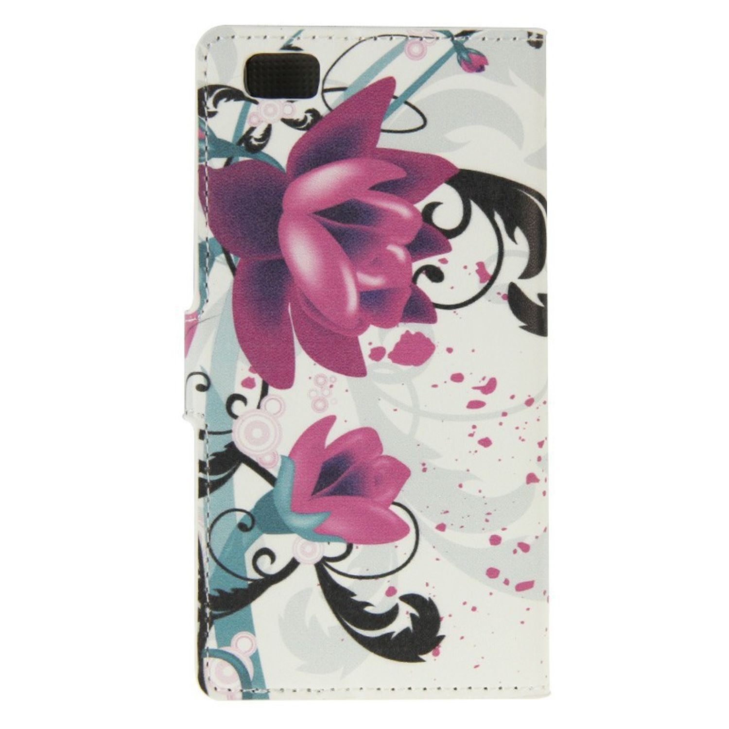 Eine Handyhülle mit floralem Design in Pink und Lila. Die Hülle ist weiß mit dunklem Hintergrund.