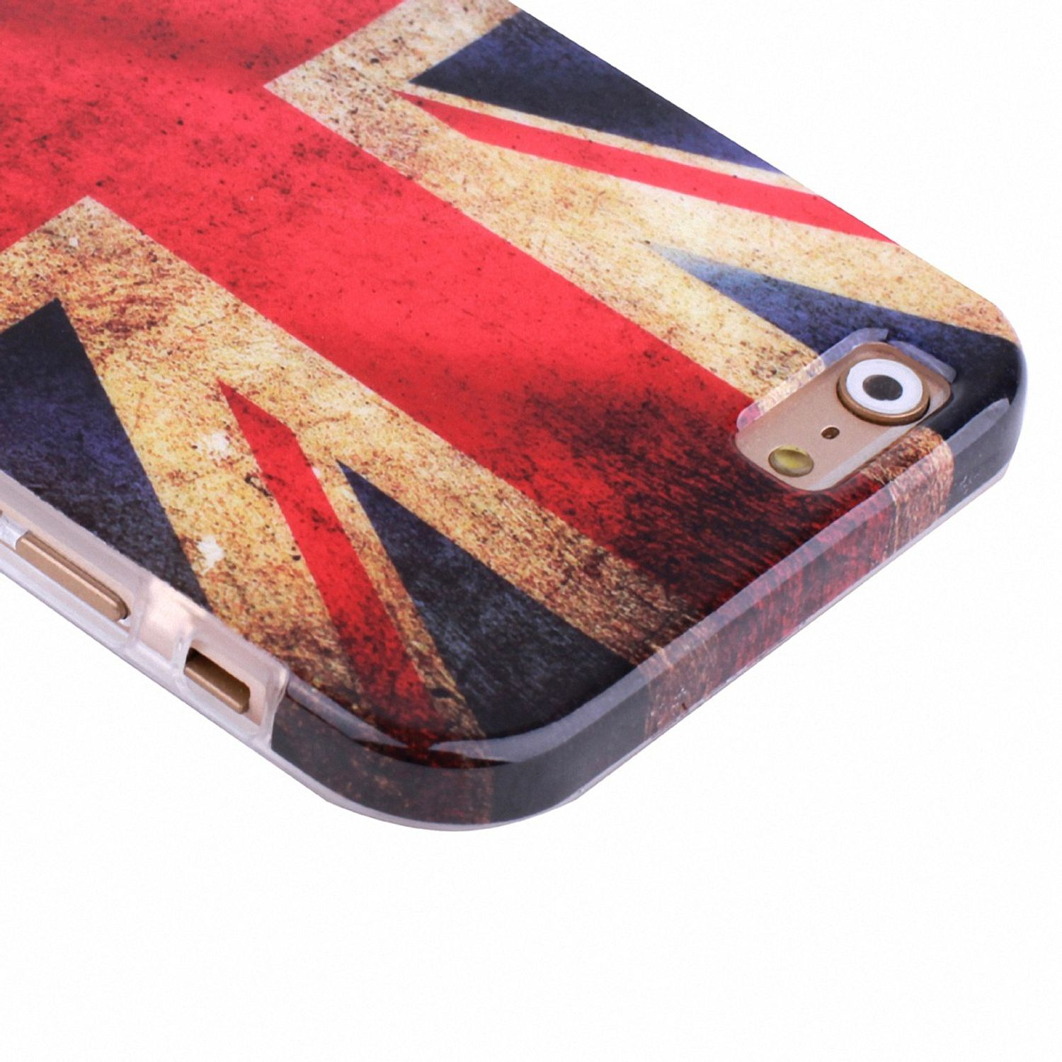 Handyhülle mit Union Jack Design. Rotes, weißes und blaues Muster. Eckansicht mit Kamerahole.