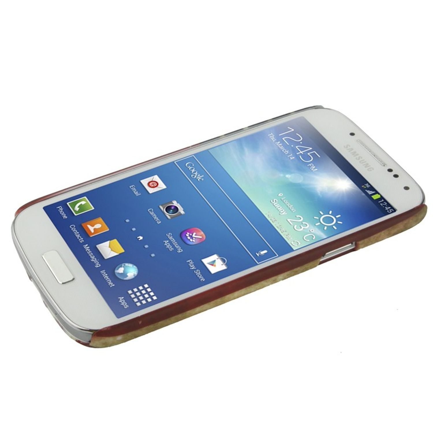 Weißes Samsung-Telefon in brauner Hülle, Bildschirm an, zeigt Zeit und Apps.