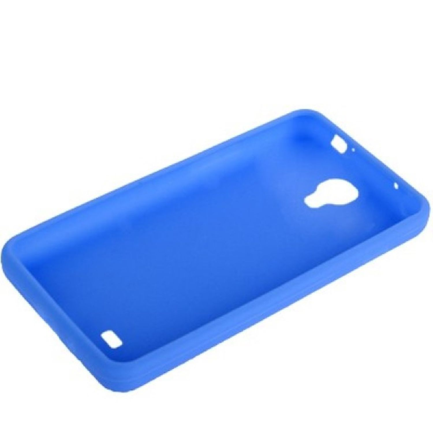 Blaue Handyhülle. Sie hat Aussparungen für Kamera und Telefon. Die Hülle ist auf weißem Hintergrund.