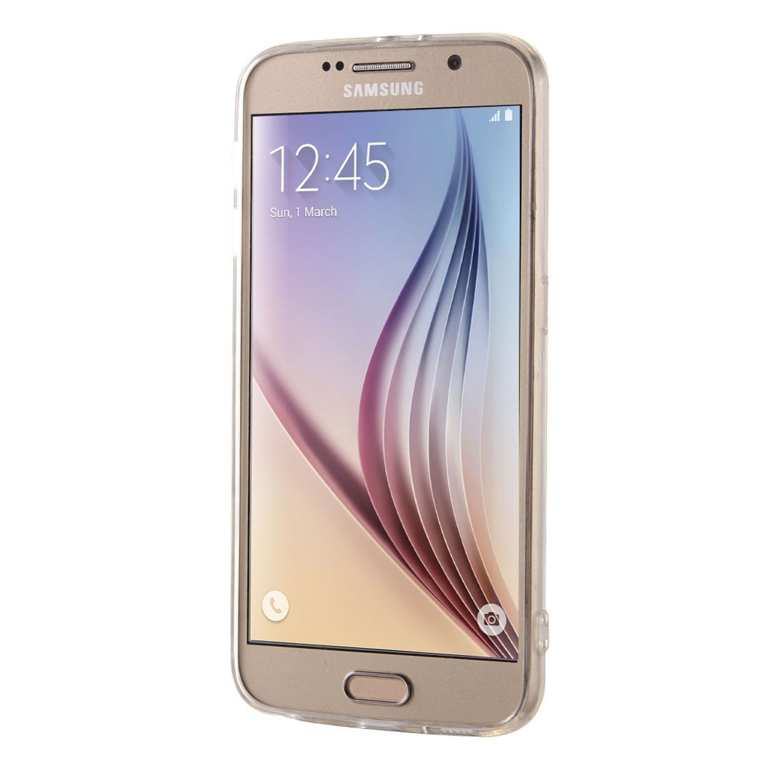 Ein gold-weißes Smartphone in einer transparenten Hülle, mit der Uhrzeit 12:45 auf dem Bildschirm.