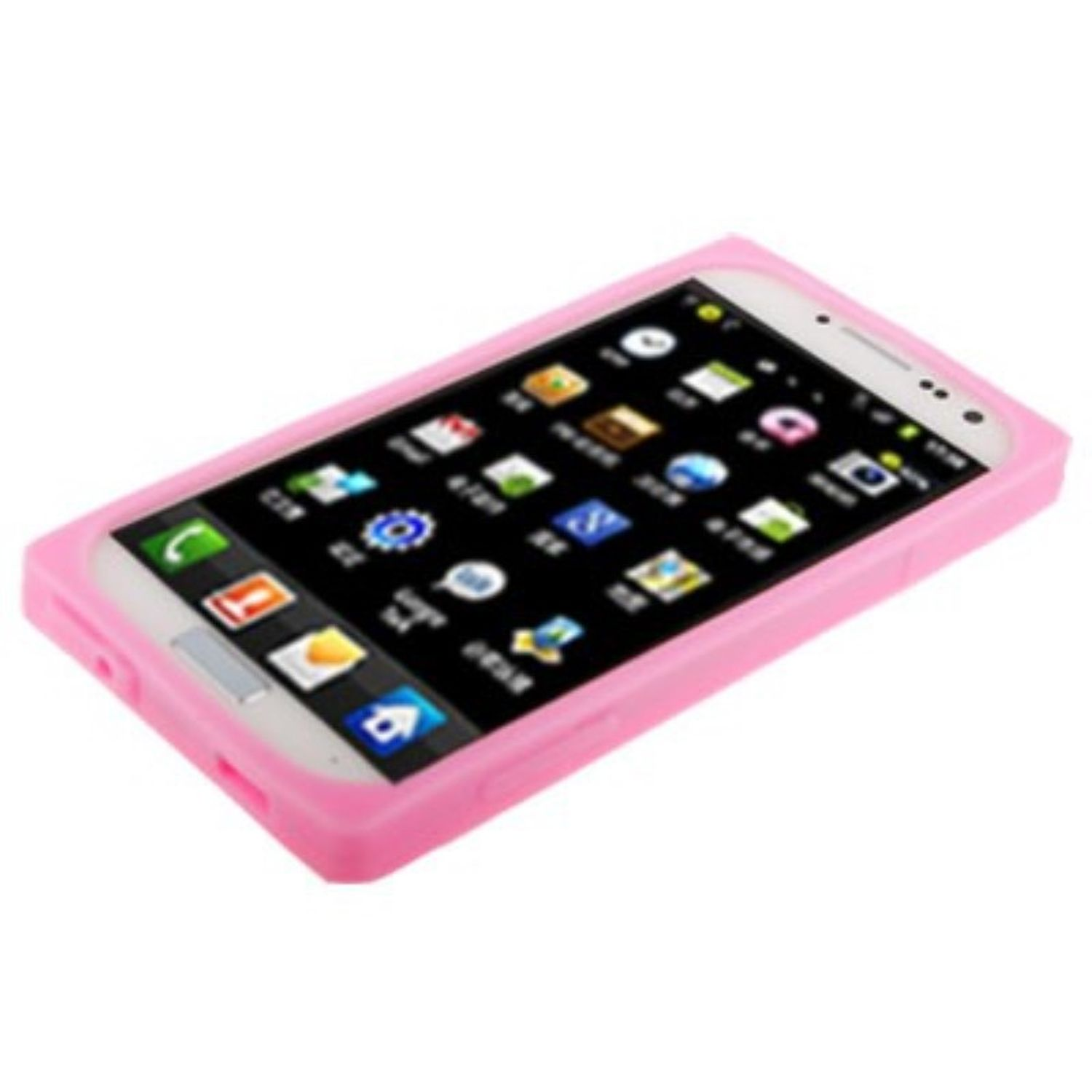 Ein rosa Telefon in einem rosa Gehäuse. Das Telefon zeigt Symbole.