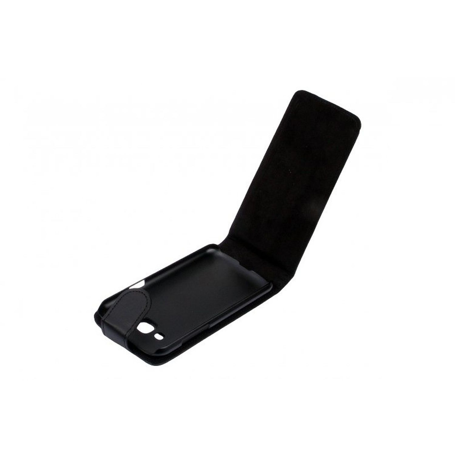 Schwarze Handyhülle, geöffnet. Das Telefon ist nicht drin. Es ist eine Flip-Style-Hülle.