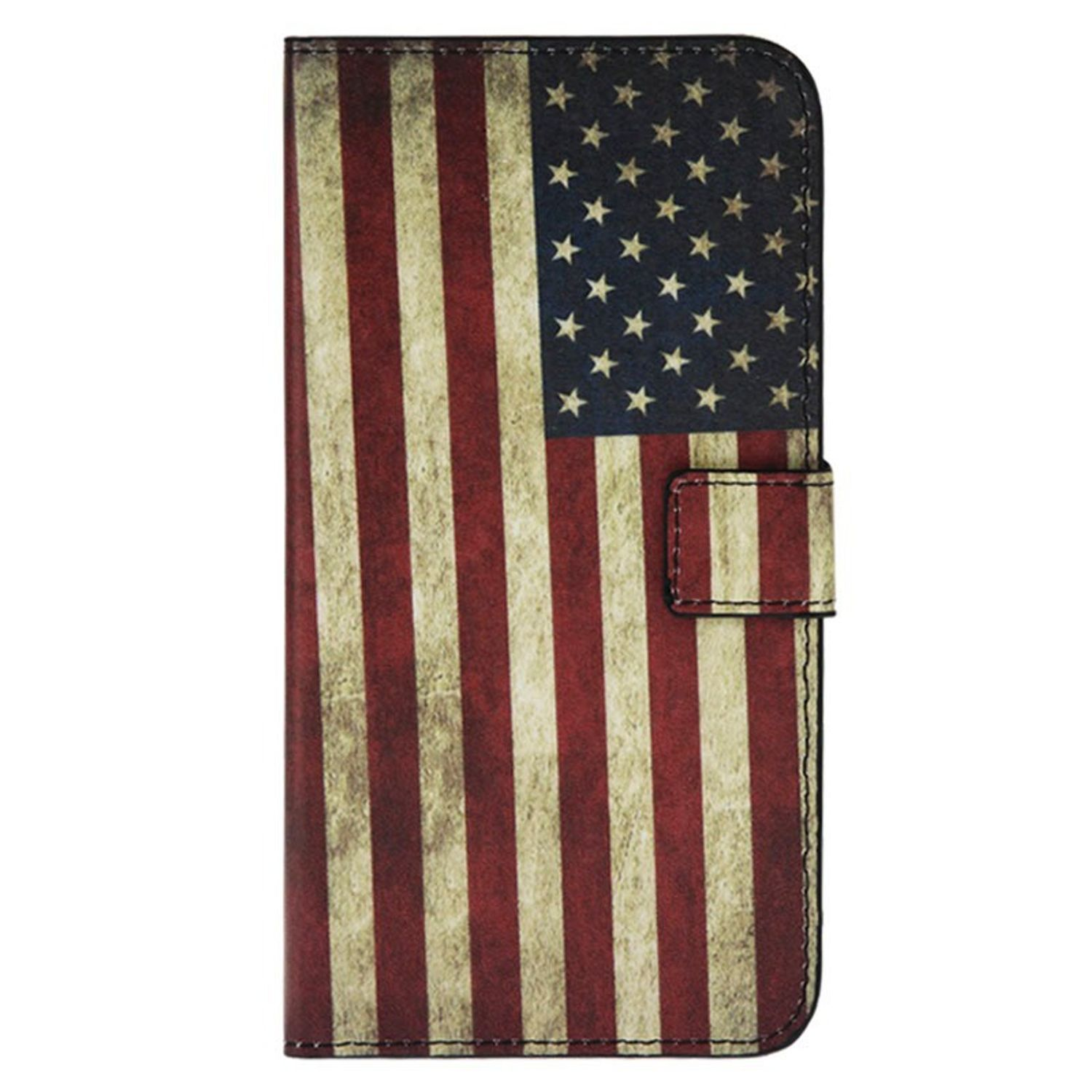 Handyhülle mit amerikanischem Flaggen-Design. Rote und weiße Streifen mit blauen Sternen. Sie hat eine Klappe.