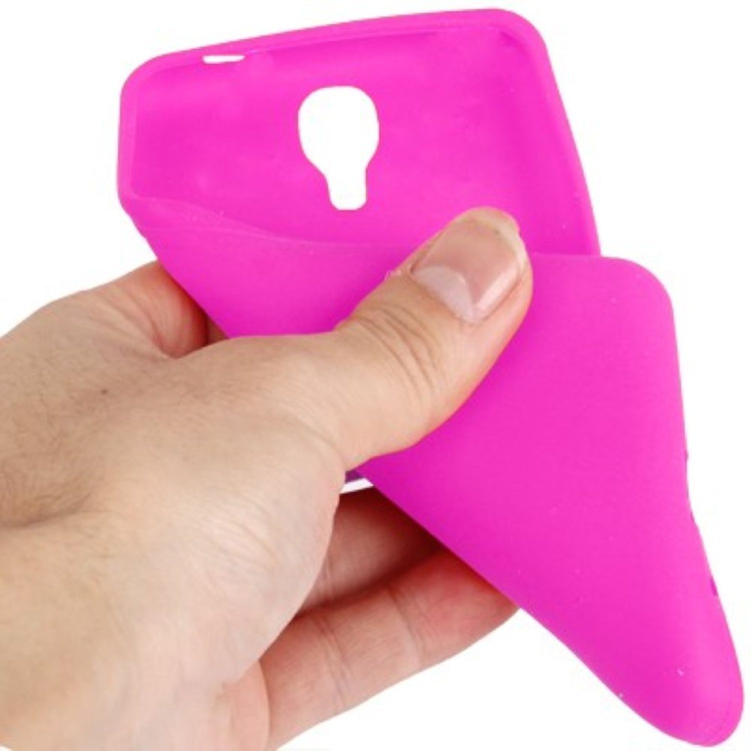 Eine Hand, die eine flexible, pinkfarbene Handyhülle hält. Die Hülle ist gebogen und zeigt ihre Innenseite.