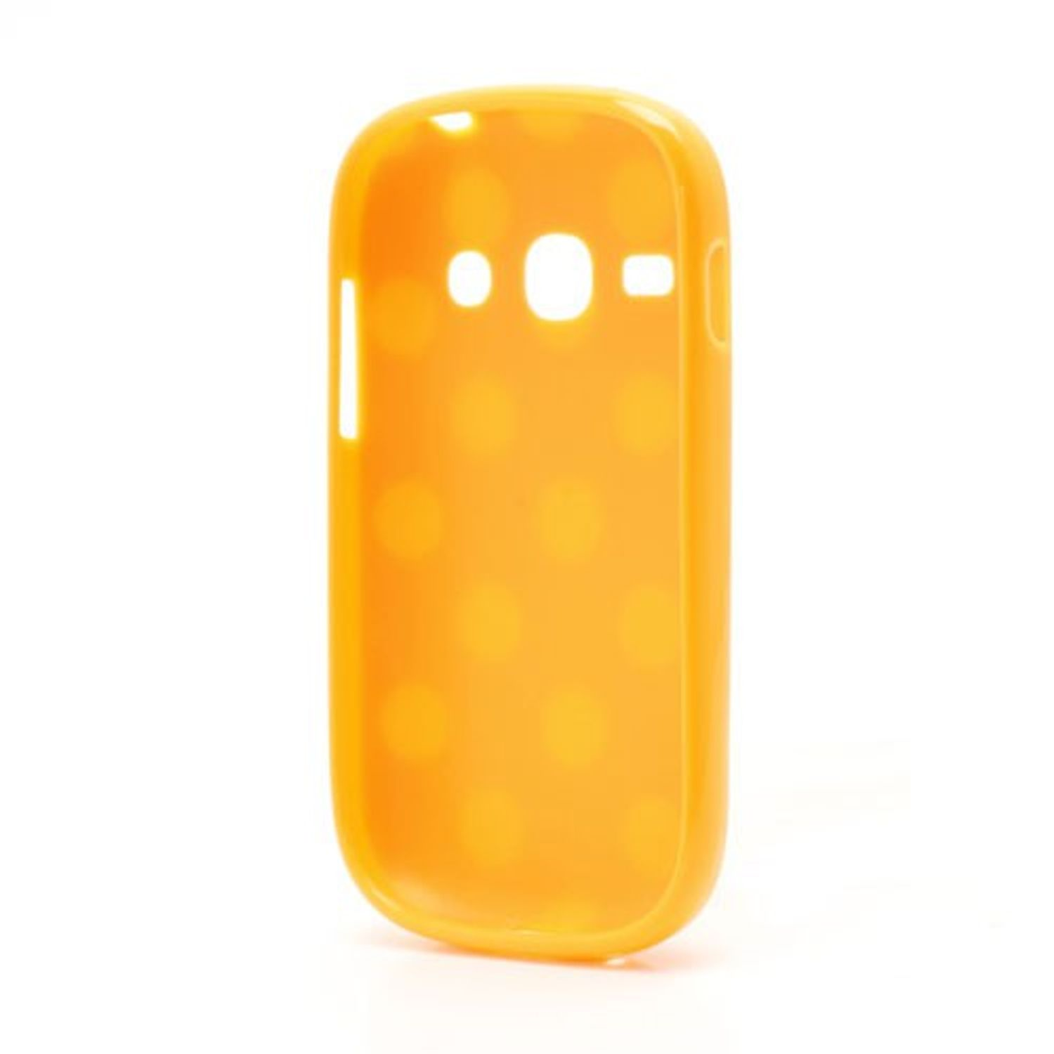Eine orangefarbene Handyhülle mit Polka Dots.