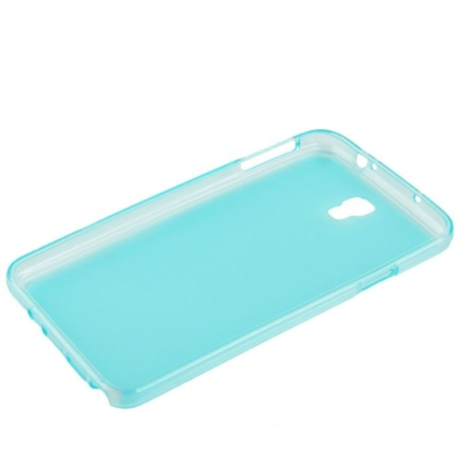 Blaue Handyhülle. Die Hülle ist blau und durchscheinend. Der Hintergrund ist weiß.