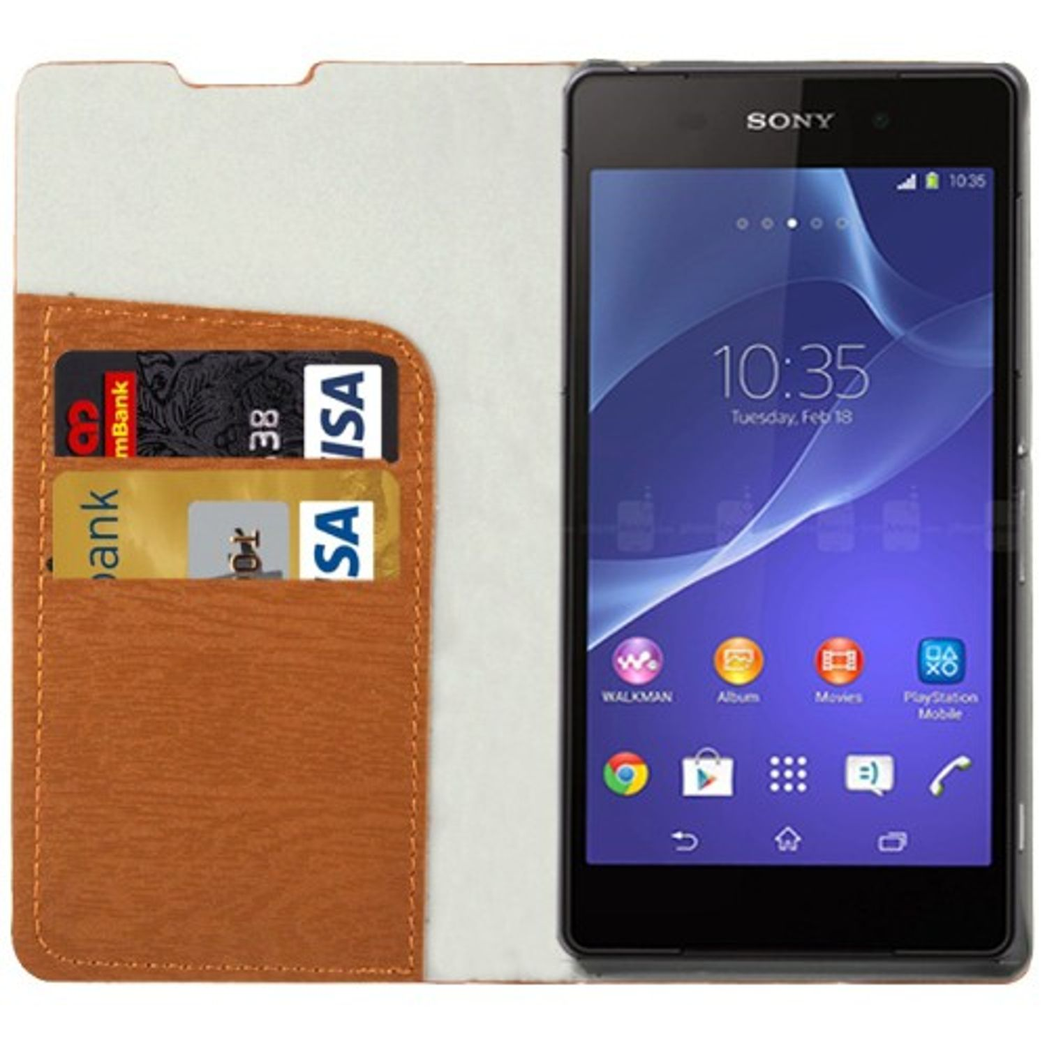 Telefon in einer Brieftaschen-Hülle, mit Kartenfächern und Telefonbild, weißer Hintergrund.