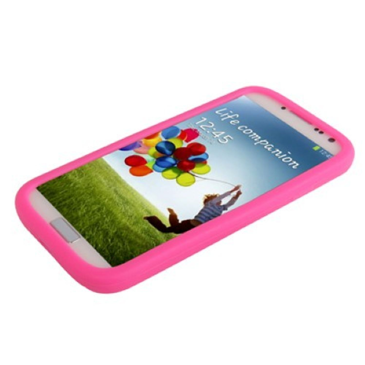 Eine rosa Handyhülle mit einem Telefon darin, das ein farbenfrohes Bild zeigt.