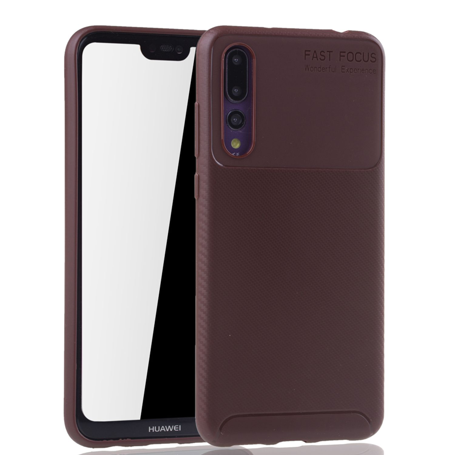 Eine braune Handyhülle mit einem Telefon darin. Die Hülle hat einen schwarzen Displayschutz.