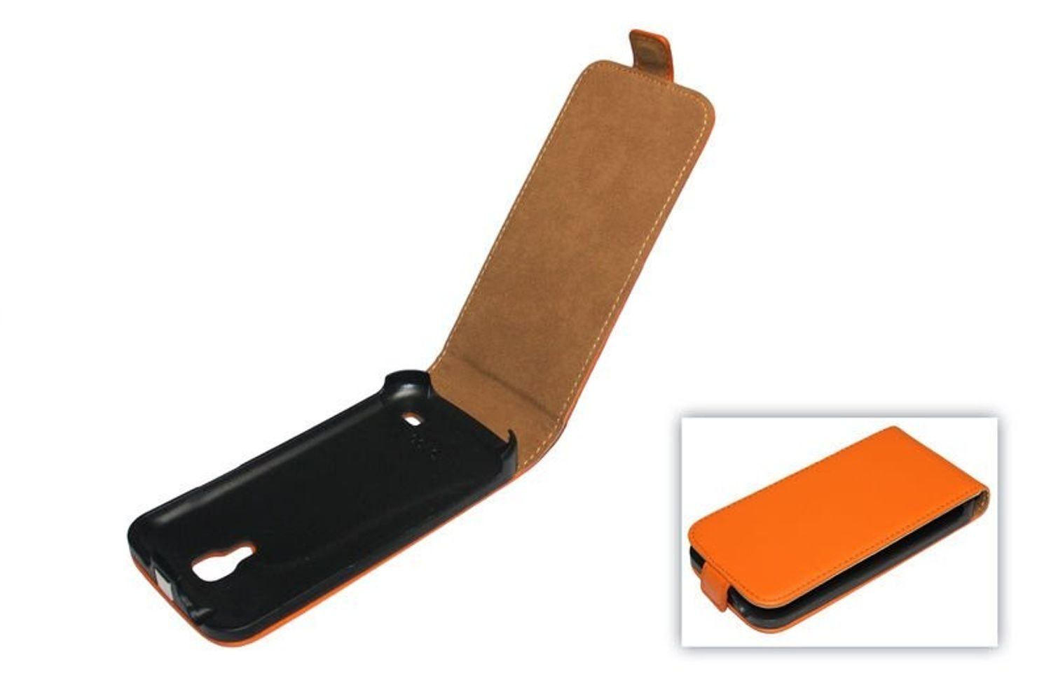 Orangefarbene Handyhülle mit Flip-Cover. Telefon befindet sich in der schwarzen Hülle.
