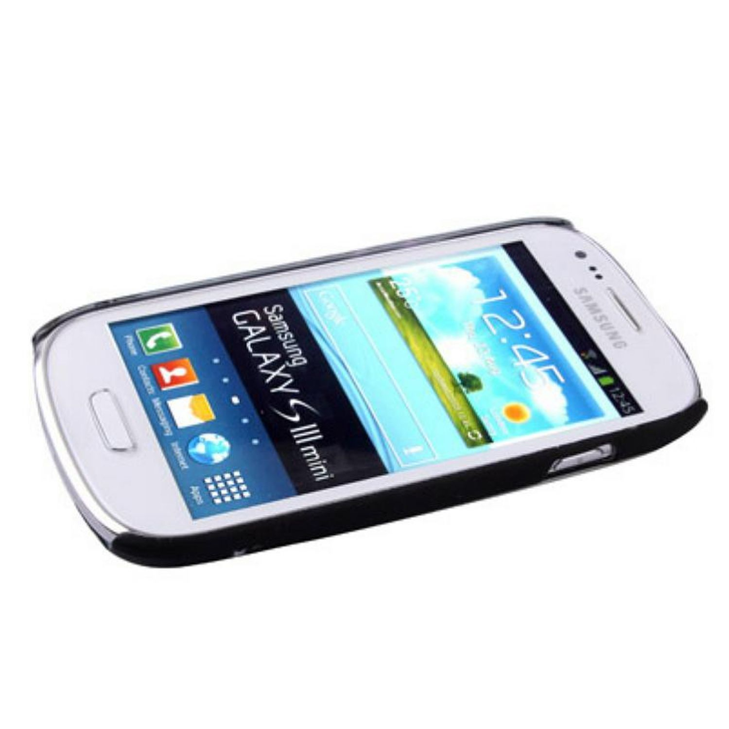 Weißes Samsung-Handy mit schwarzem Rand. Telefon zeigt Symbole an. Weißer Hintergrund.