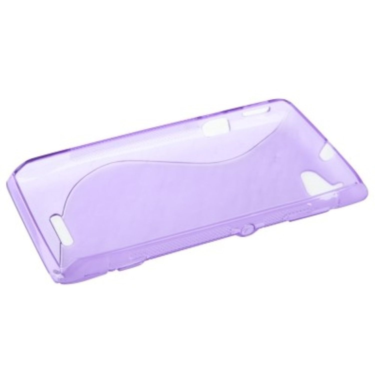 Eine transparente, lavendelfarbene Handyhülle. Sie hat ein Wellenmuster und Aussparungen.