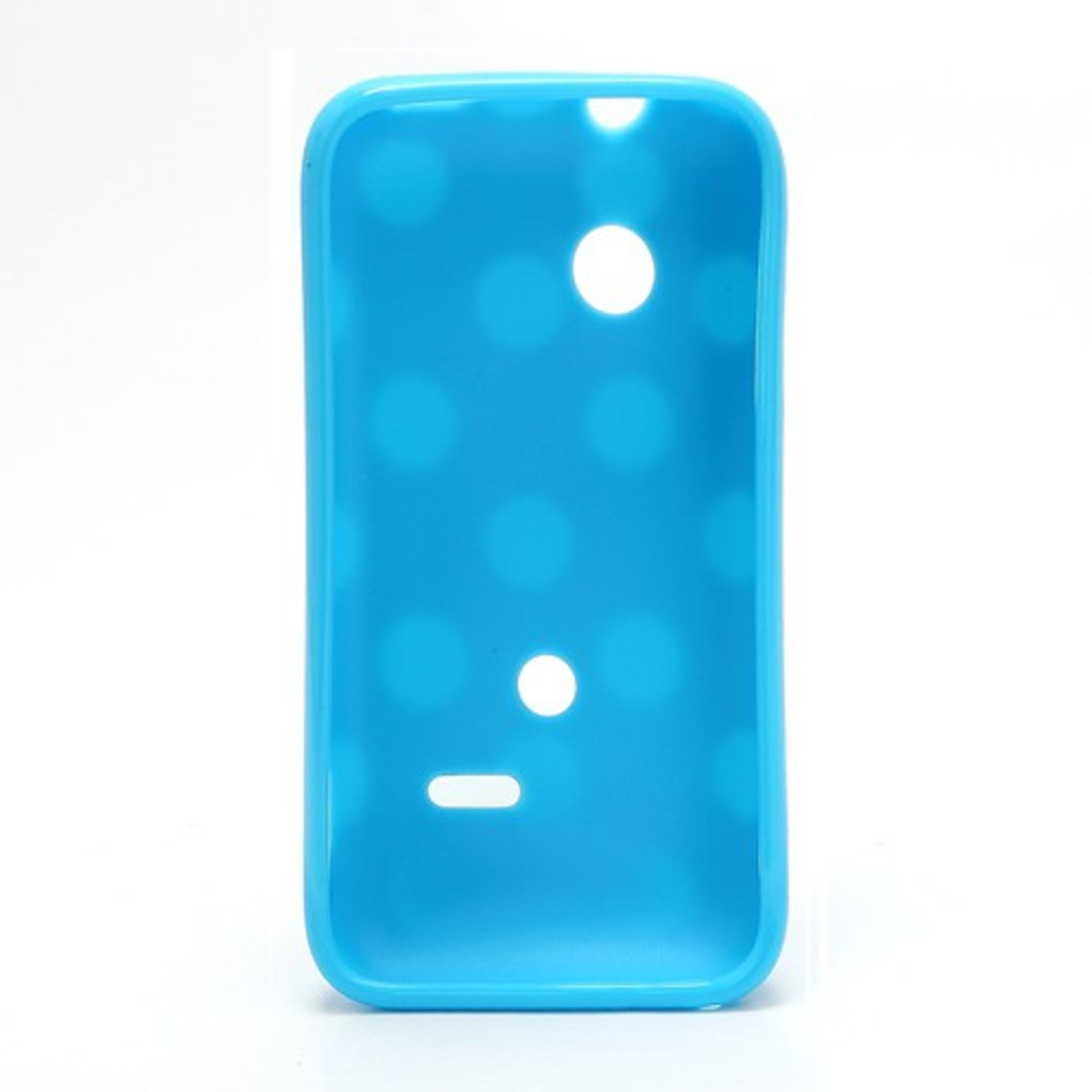 Eine blaue Handyhülle mit weißen Punkten.