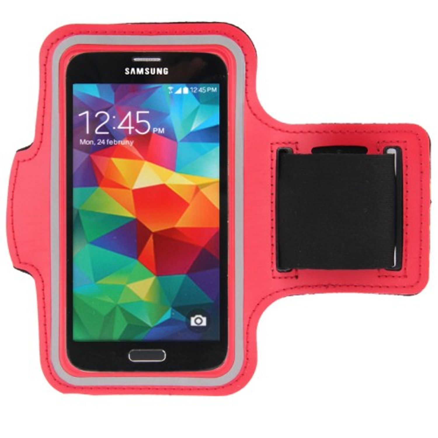 Rote Telefon-Armbinde mit einem Telefon, das ein farbenfrohes Display zeigt. Schwarzer Riemen an der Seite.