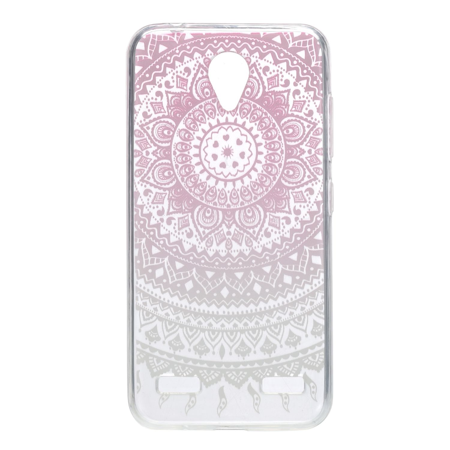Transparente Handyhülle mit rosa Mandala-Design. Weißer Hintergrund.
