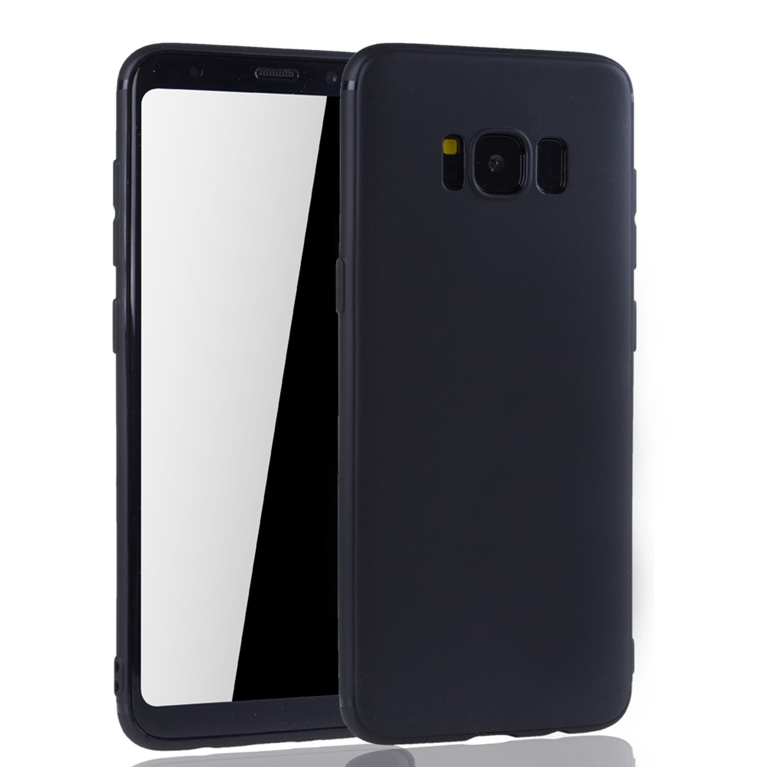 Schwarze Handyhülle. Telefon ist weiß. Schwarze Kamera und Blitz.
