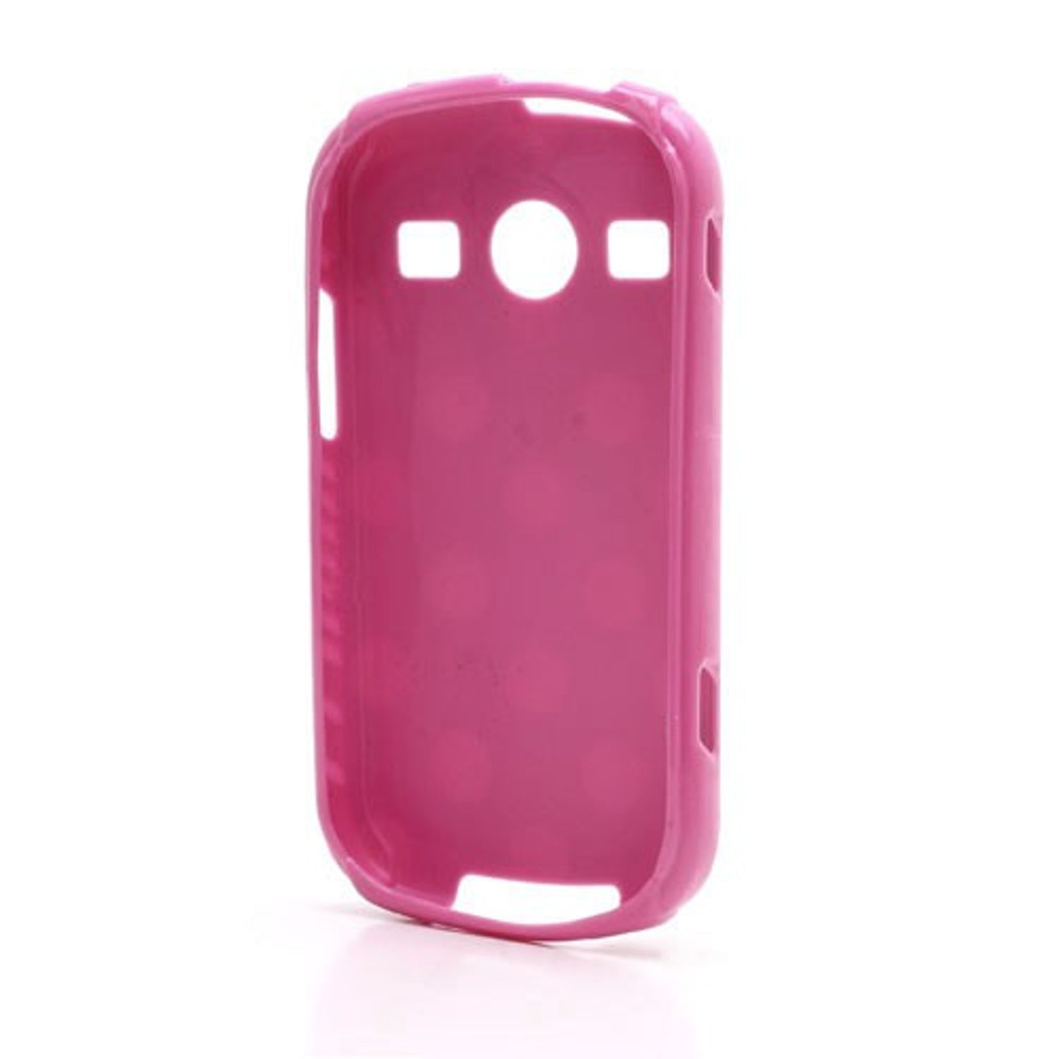 Eine leuchtend rosa Handyhülle mit Aussparungen für Kamera und andere Telefonfunktionen.