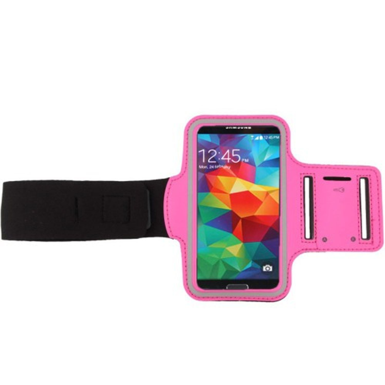Pinkfarbenes Armband mit schwarzem Riemen, hält ein Telefon mit farbenfrohem Bildschirm.