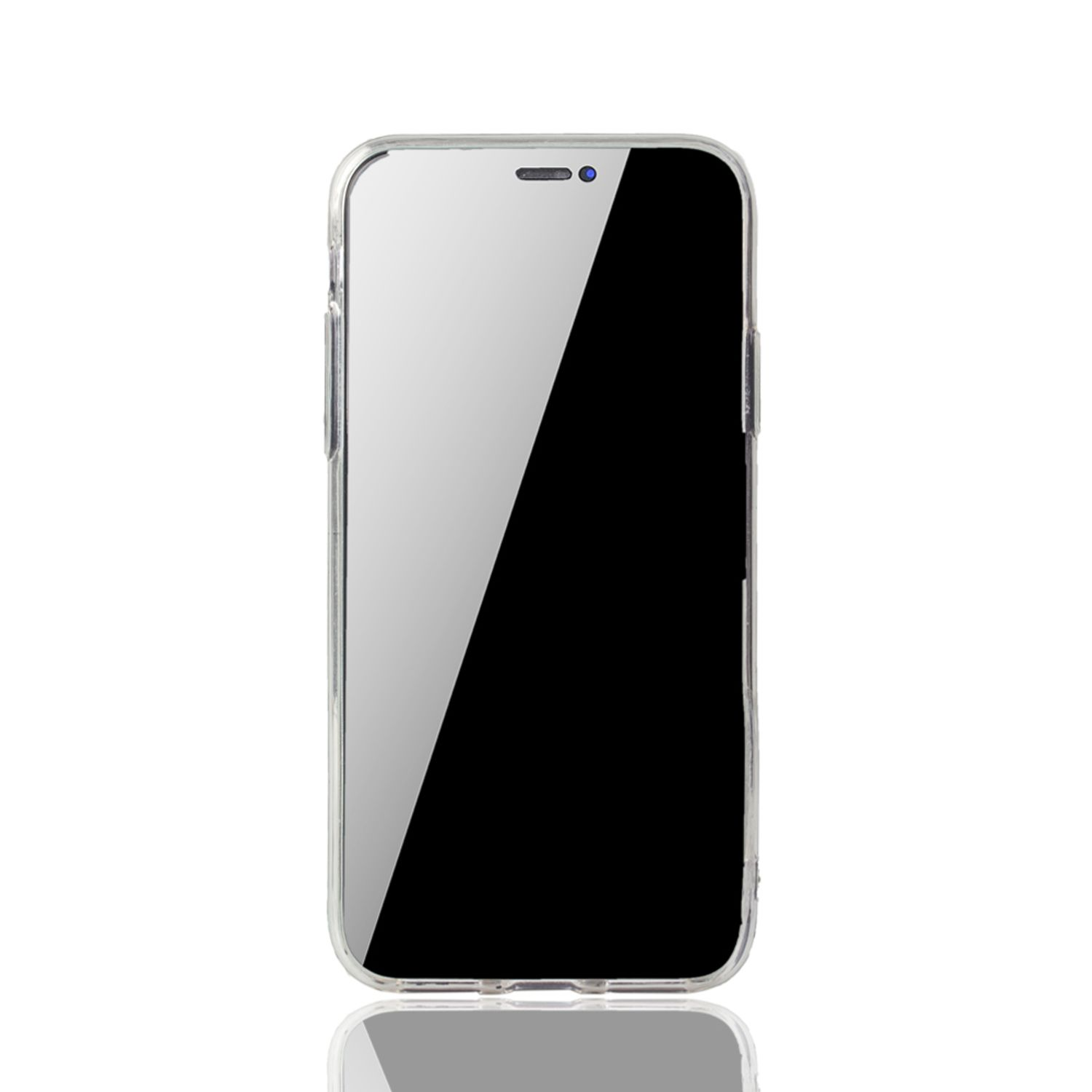 Smartphone mit durchsichtiger Hülle, schwarzem Bildschirm, weißer Hintergrund.