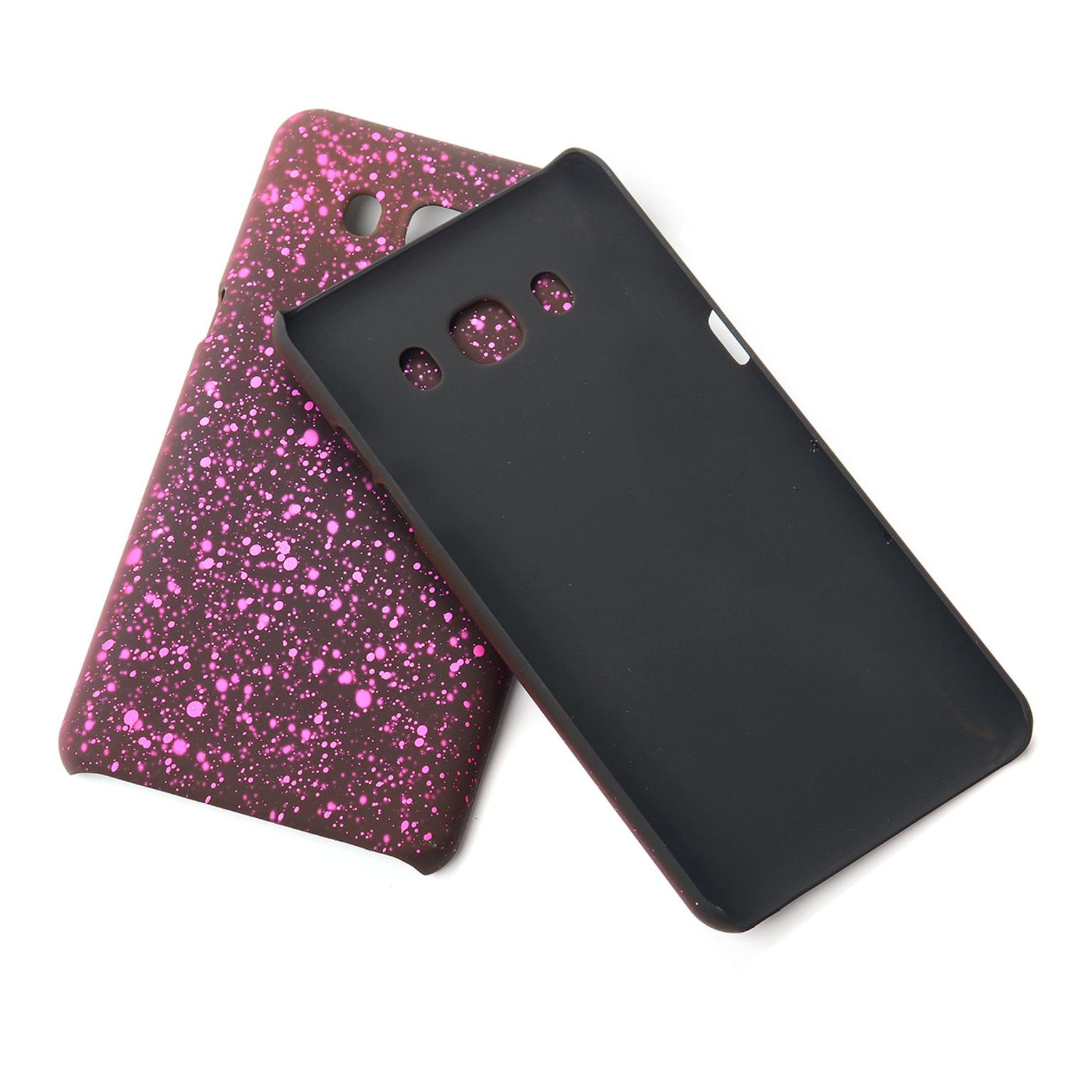 Zwei Handyhüllen, eine schwarze und eine rosa mit rosa Sprenkeln.