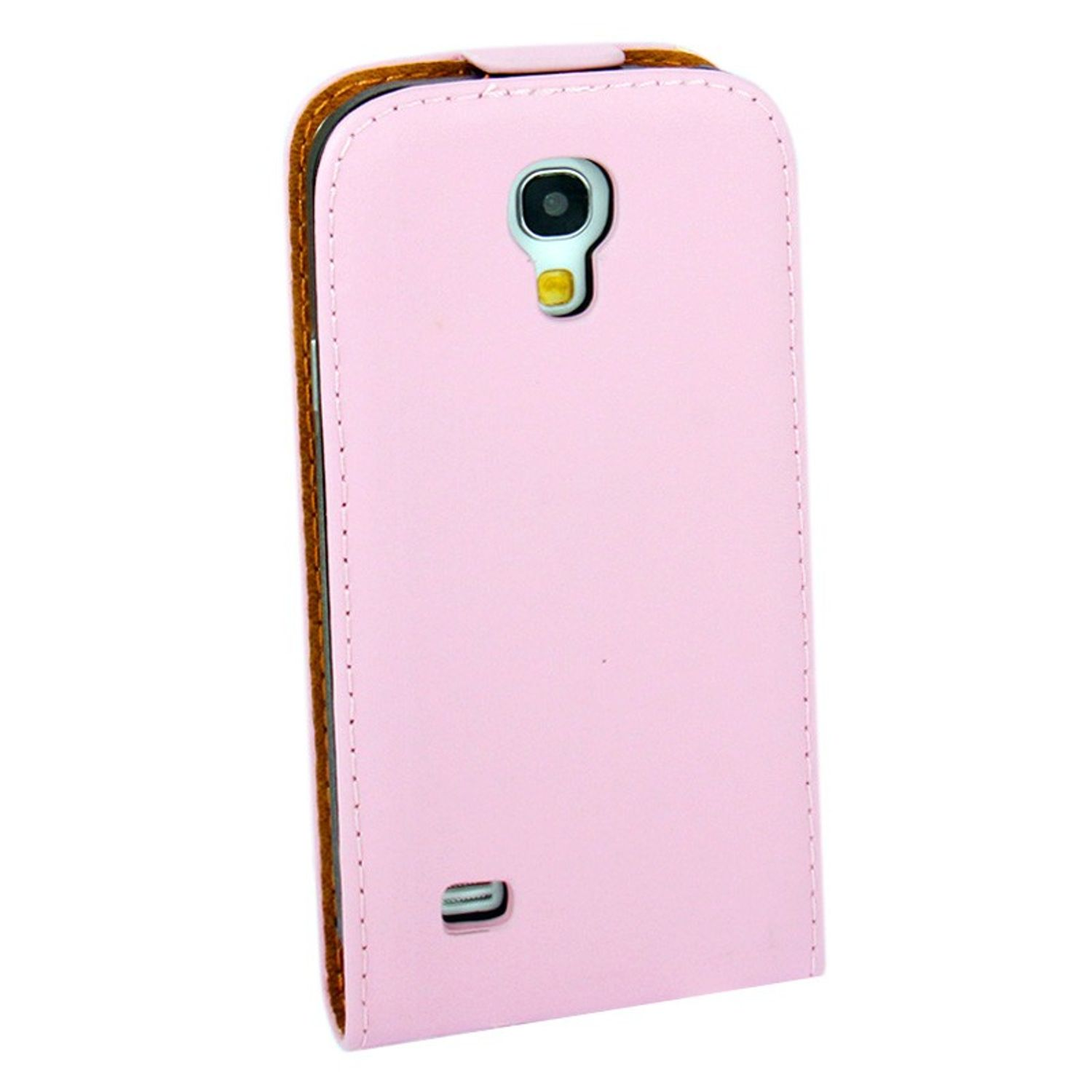 Eine rosa Leder-Handyhülle, geschlossen mit einem Telefon darin.