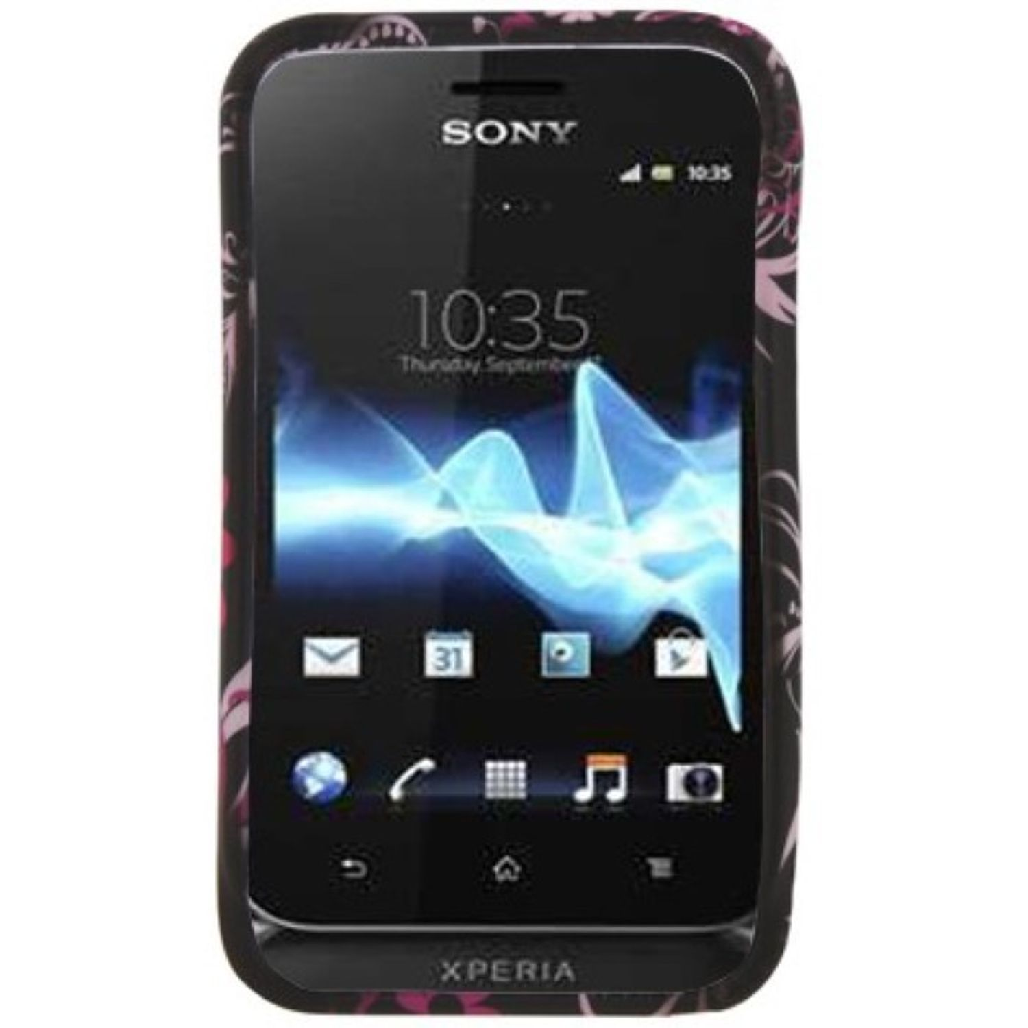Ein Sony Xperia Telefon in einer Hülle mit Blumenmuster.