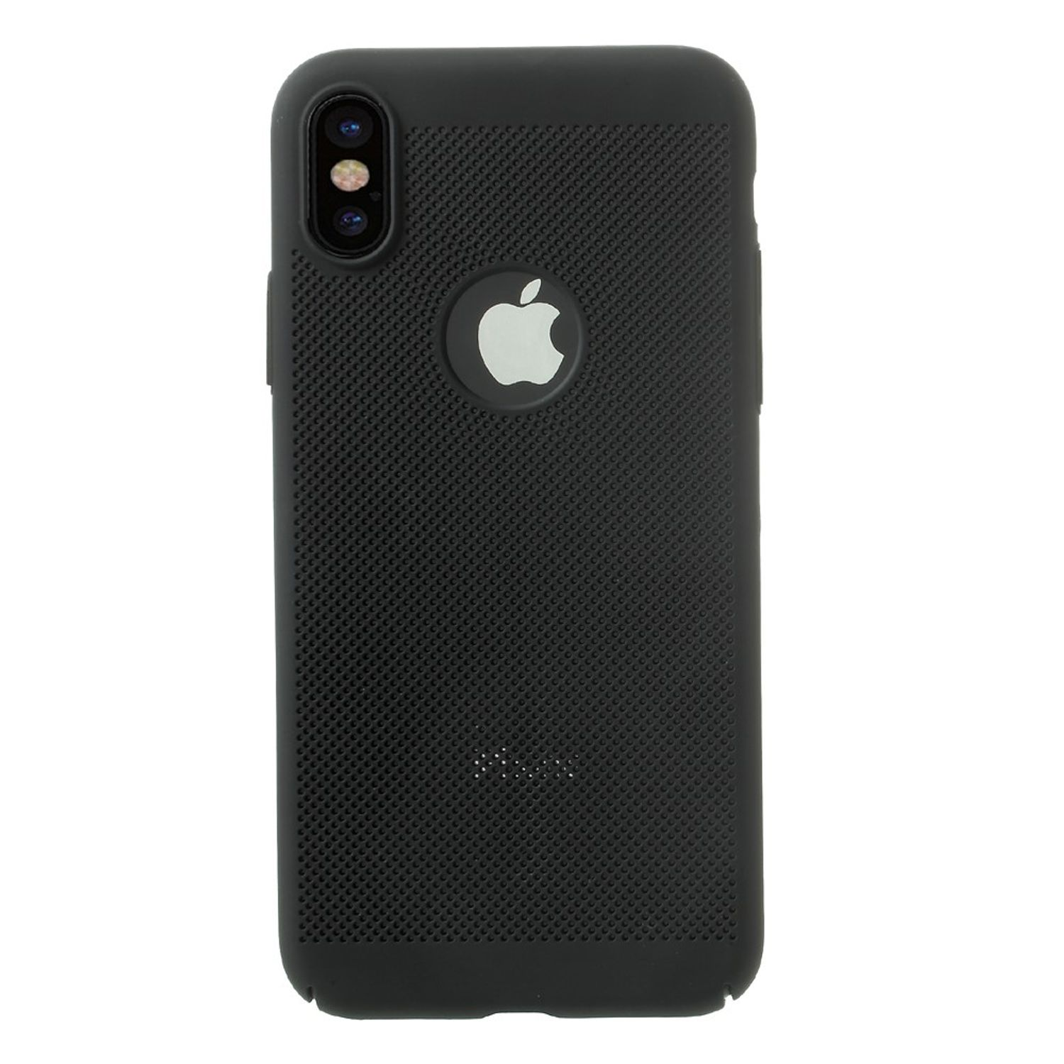 Schwarze, strukturierte Handyhülle mit einem Apple-Logo.