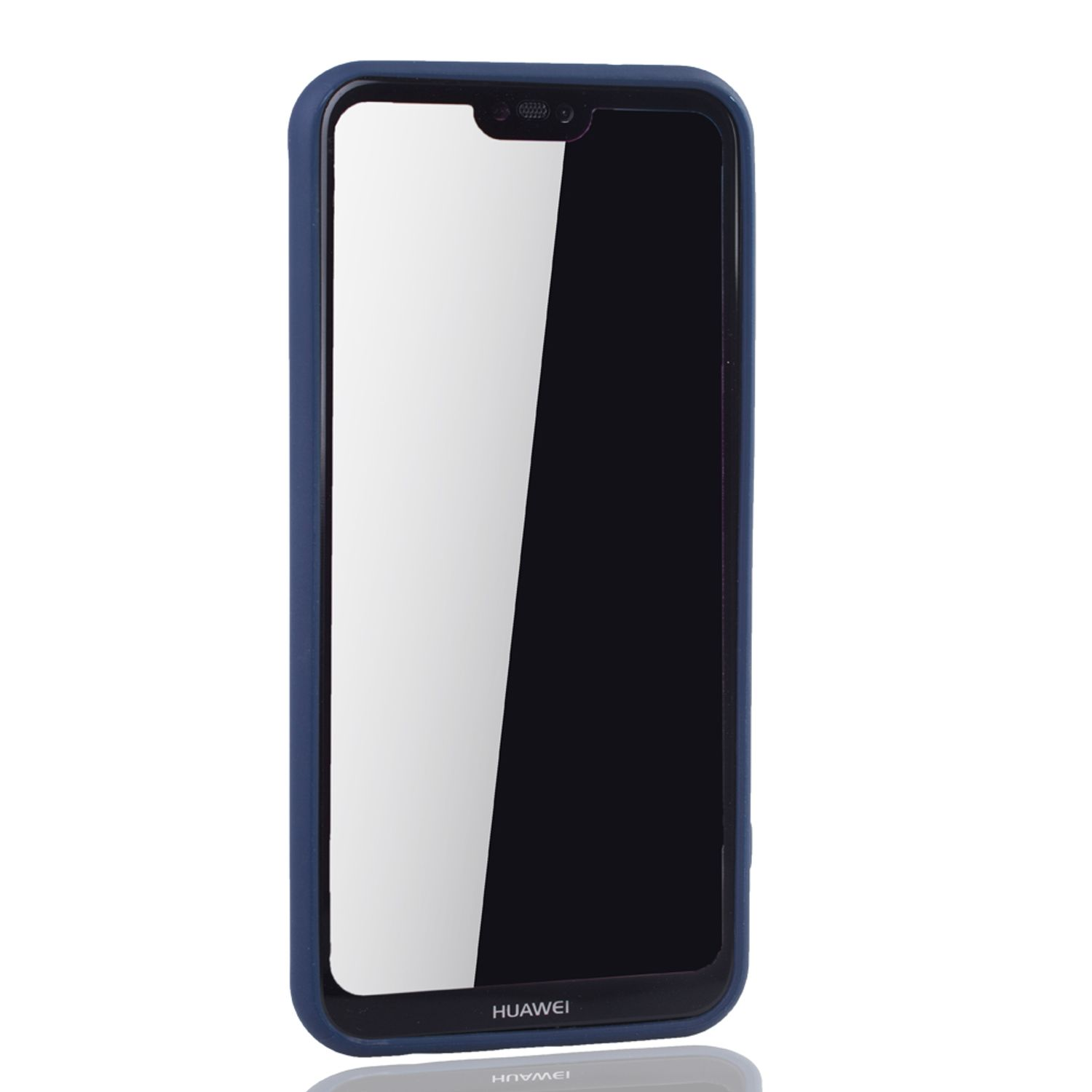 Eine blaue Huawei-Handyhülle. Es hat einen schwarzen Bildschirm. Das Wort 'HUAWEI' steht unten.