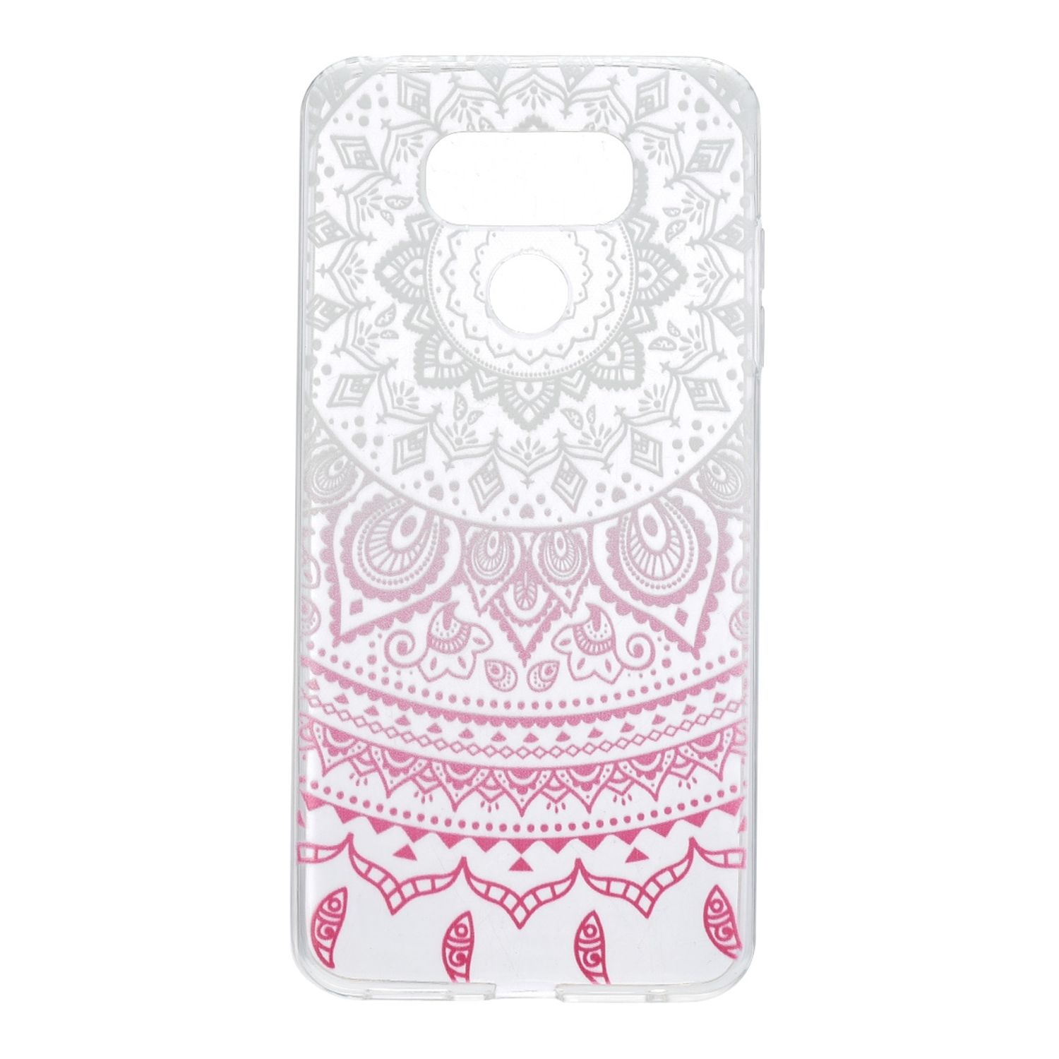Eine transparente Handyhülle mit einem rosa und grauen Mandala-Design auf weißem Hintergrund.