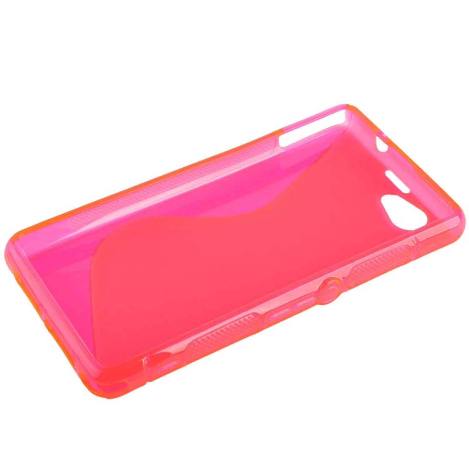 Eine neonpinke Handyhülle mit hellrosa Innenseite, abgewinkelt.